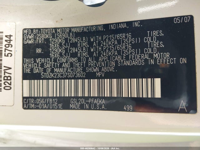 2007 Toyota Sienna Ce მანქანა იყიდება აუქციონზე, vin: 5TDZK23C37S073602, აუქციონის ნომერი: 46290642
