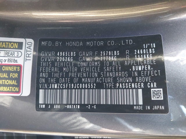 2018 Honda Clarity Plug-in Hybrid მანქანა იყიდება აუქციონზე, vin: JHMZC5F19JC006552, აუქციონის ნომერი: 46290656