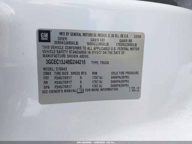 Aukcja sprzedaży 2008 Chevrolet Silverado 1500 Lt2, vin: 3GCEC13J48G244216, numer aukcji: 46290668