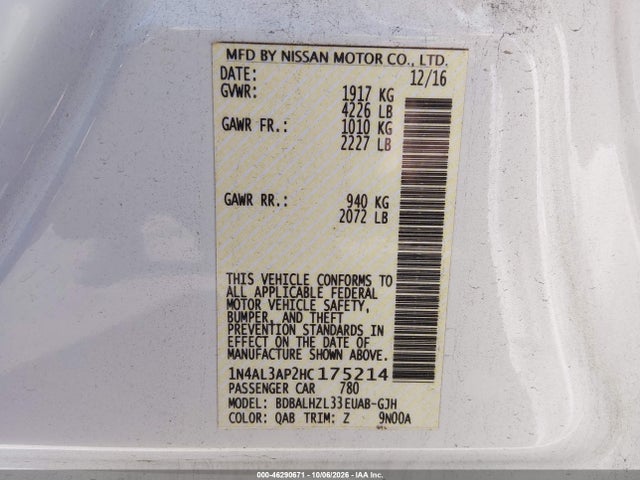 46290671 :رقم المزاد ، 1N4AL3AP2HC175214 vin ، 2017 Nissan Altima 2.5 Sr مزاد بيع