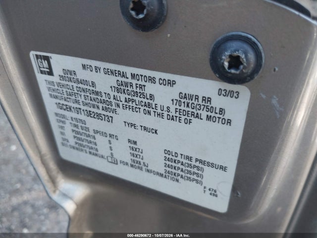 2003 Chevrolet Silverado 1500 Ls მანქანა იყიდება აუქციონზე, vin: 1GCEK19T13E285737, აუქციონის ნომერი: 46290672