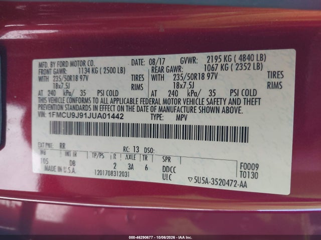 46290677 :رقم المزاد ، 1FMCU9J91JUA01442 vin ، 2018 Ford Escape Titanium مزاد بيع