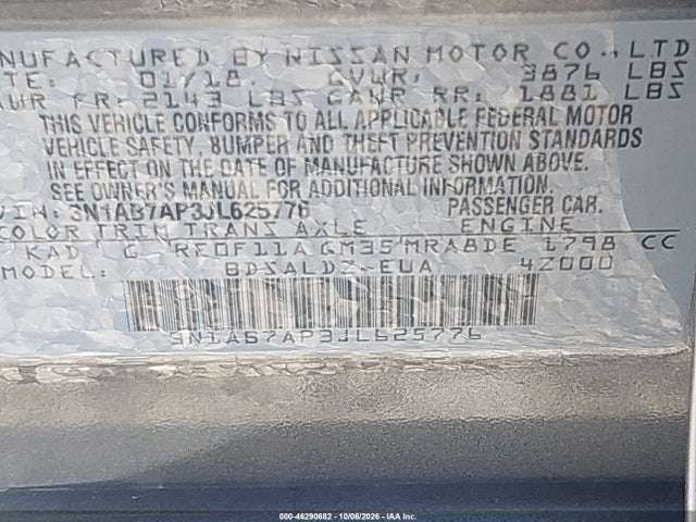 Продаж на аукціоні авто 2018 Nissan Sentra Sv, vin: 3N1AB7AP3JL625776, номер лоту: 46290682