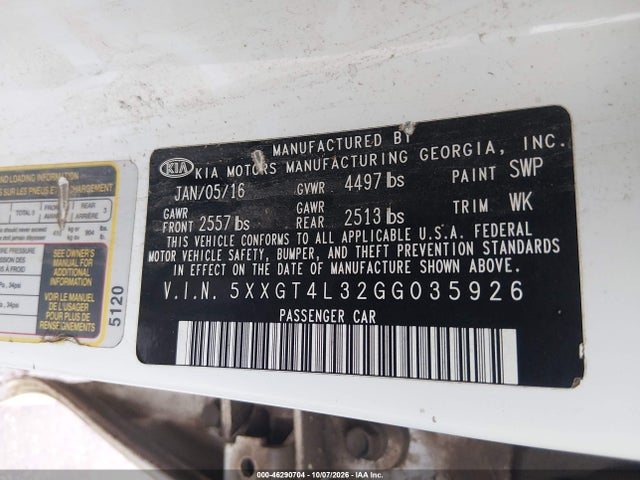 2016 Kia Optima Lx მანქანა იყიდება აუქციონზე, vin: 5XXGT4L32GG035926, აუქციონის ნომერი: 46290704
