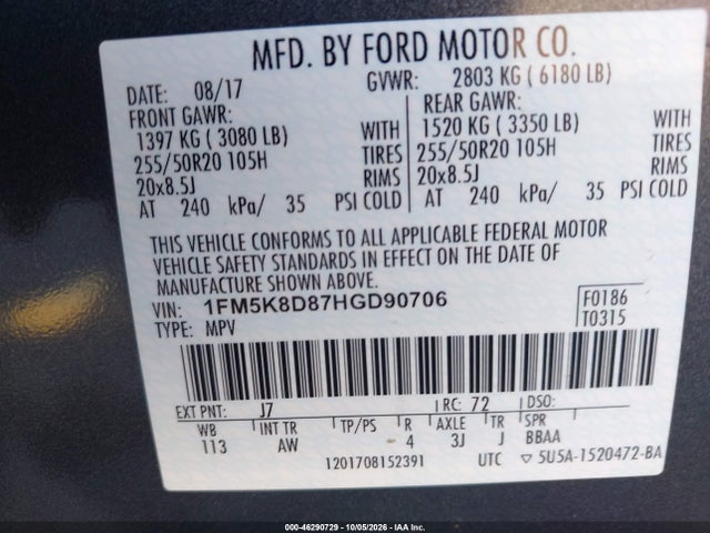 46290729 :رقم المزاد ، 1FM5K8D87HGD90706 vin ، 2017 Ford Explorer Xlt مزاد بيع