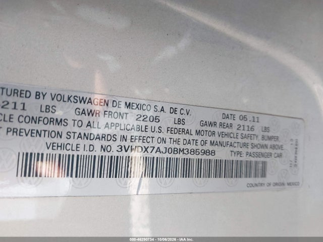 Продажа на аукционе авто 2011 Volkswagen Jetta 2.5l Se, vin: 3VWDX7AJ0BM385988, номер лота: 46290734