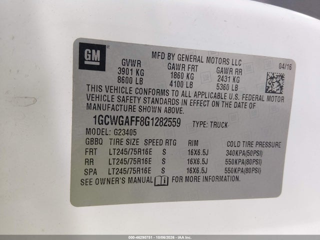 46290751 :رقم المزاد ، 1GCWGAFF8G1282559 vin ، 2016 Chevrolet Express 2500 Work Van مزاد بيع