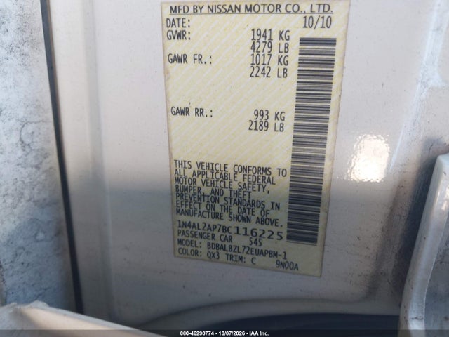 46290774 :رقم المزاد ، 1N4AL2AP7BC116225 vin ، 2011 Nissan Altima 2.5 S مزاد بيع