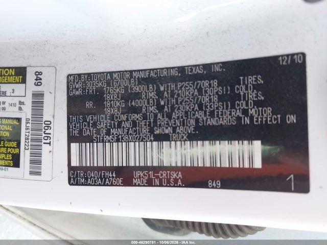 46290781 :رقم المزاد ، 5TFRM5F13BX027504 vin ، 2011 Toyota Tundra Grade 4.6l V8 مزاد بيع