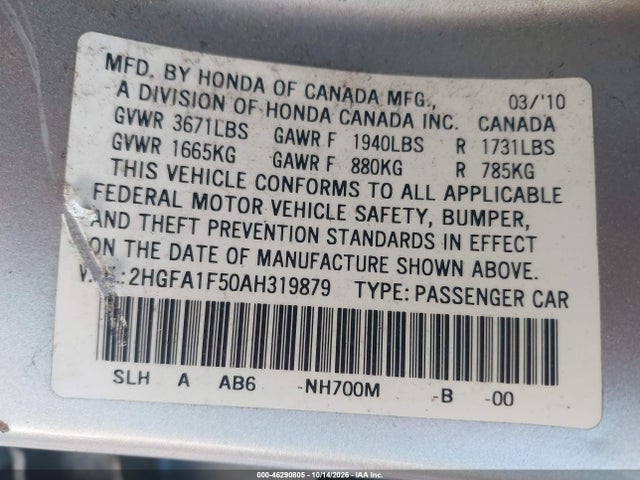 2010 Honda Civic Lx მანქანა იყიდება აუქციონზე, vin: 2HGFA1F50AH319879, აუქციონის ნომერი: 46290805