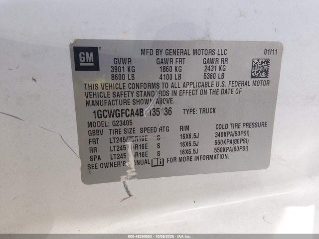 46290852 :رقم المزاد ، 1GCWGFCA4B1135136 vin ، 2011 Chevrolet Express 2500 Work Van مزاد بيع