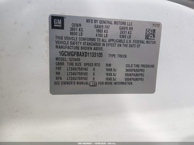 46290881 :رقم المزاد ، 1GCWGFBAXD1133105 vin ، 2013 Chevrolet Express 2500 Work Van مزاد بيع