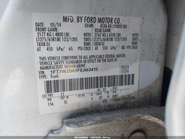 46290894 :رقم المزاد ، 1FT7W2B65FEA63410 vin ، 2015 Ford F-250 Xlt مزاد بيع