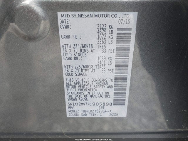 Aukcja sprzedaży 2015 Nissan Rogue Sl, vin: 5N1AT2MV7FC905898, numer aukcji: 46290940