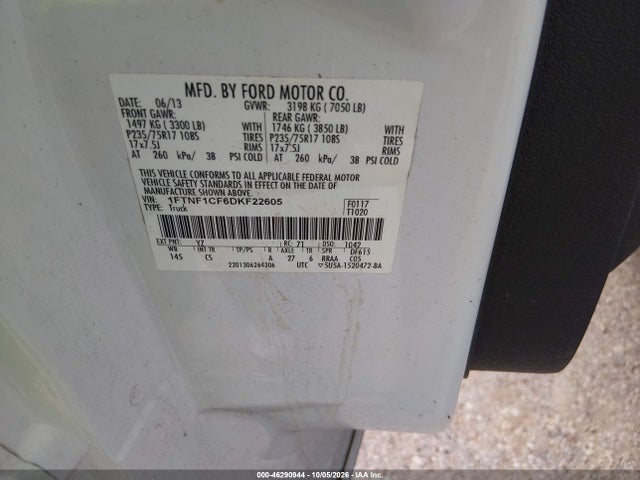 2013 Ford F-150 Xl მანქანა იყიდება აუქციონზე, vin: 1FTNF1CF6DKF22605, აუქციონის ნომერი: 46290944