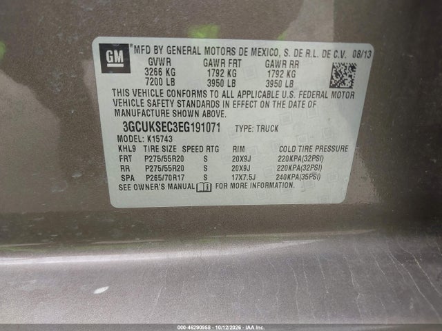 Aukcja sprzedaży 2014 Chevrolet Silverado 1500 2lz, vin: 3GCUKSEC3EG191071, numer aukcji: 46290958