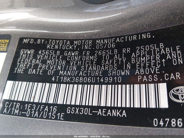Aukcja sprzedaży 2006 Toyota Avalon Xl, vin: 4T1BK36B06U149910, numer aukcji: 46290969
