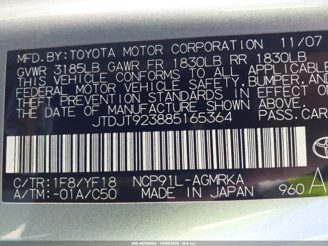 Aukcja sprzedaży 2008 Toyota Yaris S, vin: JTDJT923885165364, numer aukcji: 46290984
