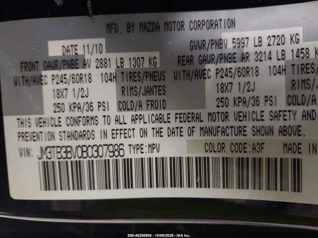 2011 Mazda Cx-9 Sport მანქანა იყიდება აუქციონზე, vin: JM3TB3BV0B0307986, აუქციონის ნომერი: 46290986