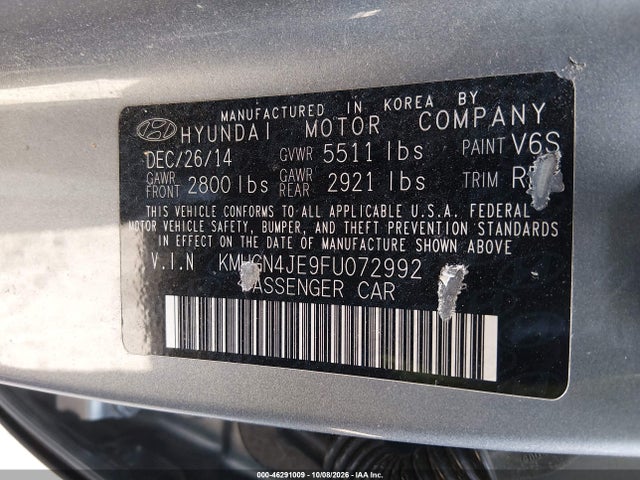 Aukcja sprzedaży 2015 Hyundai Genesis 3.8, vin: KMHGN4JE9FU072992, numer aukcji: 46291009