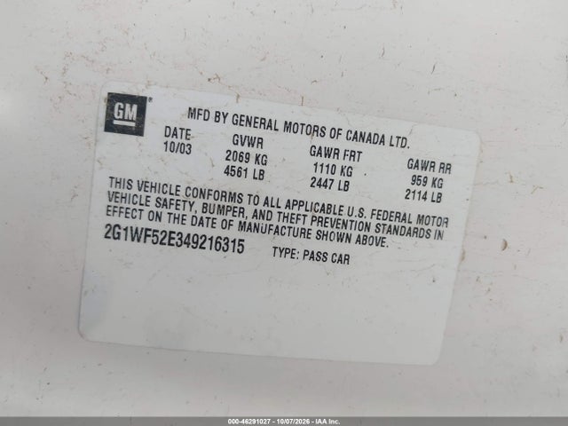 46291027 :رقم المزاد ، 2G1WF52E349216315 vin ، 2004 Chevrolet Impala مزاد بيع