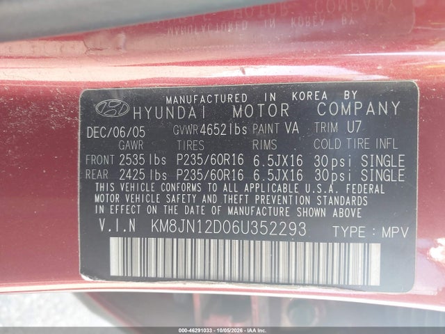 Продаж на аукціоні авто 2006 Hyundai Tucson Gls/limited, vin: KM8JN12D06U352293, номер лоту: 46291033