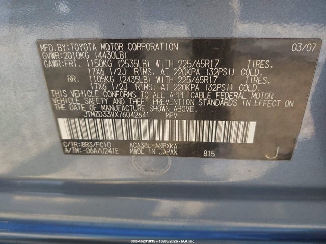 Aukcja sprzedaży 2007 Toyota Rav4, vin: JTMZD33VX76042641, numer aukcji: 46291035