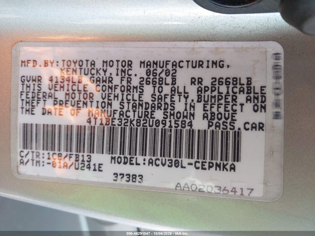 46291047 :رقم المزاد ، 4T1BE32K82U091584 vin ، 2002 Toyota Camry Le مزاد بيع
