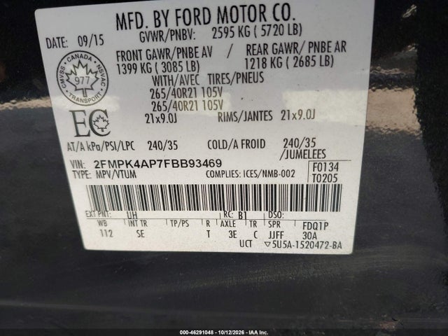 46291048 :رقم المزاد ، 2FMPK4AP7FBB93469 vin ، 2015 Ford Edge Sport مزاد بيع