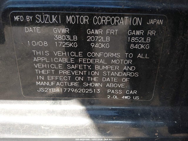 Aukcja sprzedaży 2009 Suzuki Sx4 Touring, vin: JS2YB417796202513, numer aukcji: 46291066
