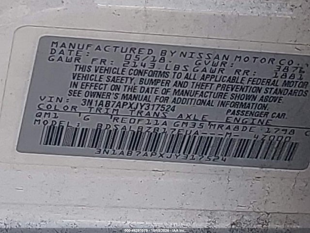 2018 Nissan Sentra S მანქანა იყიდება აუქციონზე, vin: 3N1AB7APXJY317524, აუქციონის ნომერი: 46291079