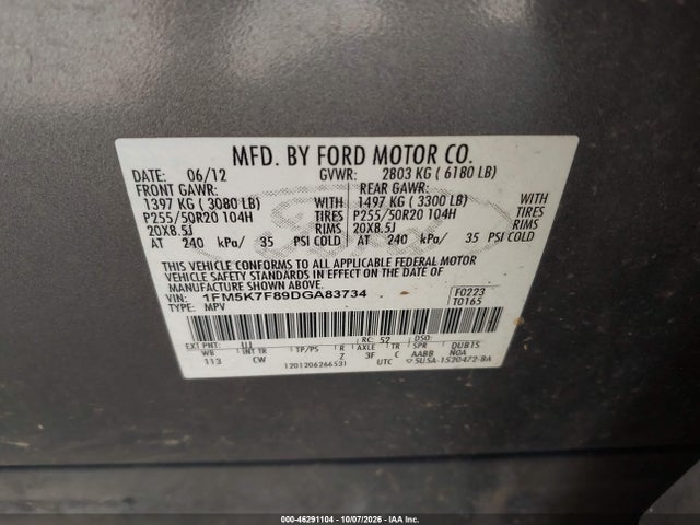 46291104 :رقم المزاد ، 1FM5K7F89DGA83734 vin ، 2013 Ford Explorer Limited مزاد بيع
