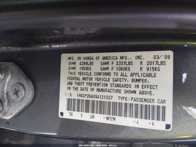 Продаж на аукціоні авто 2009 Honda Accord 2.4 Lx-p, vin: 1HGCP264X9A121027, номер лоту: 46291106