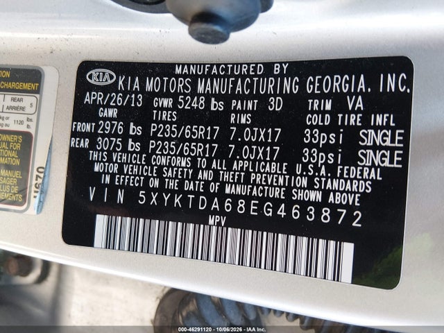 Продажа на аукционе авто 2014 Kia Sorento Lx, vin: 5XYKTDA68EG463872, номер лота: 46291120