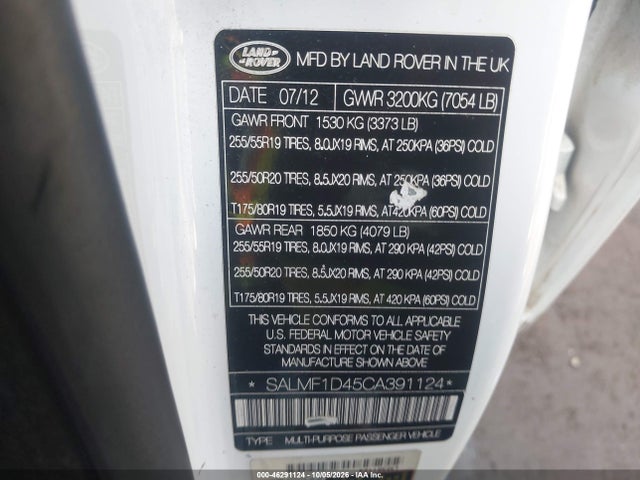 Aukcja sprzedaży 2012 Land Rover Range Rover Hse Lux, vin: SALMF1D45CA391124, numer aukcji: 46291124