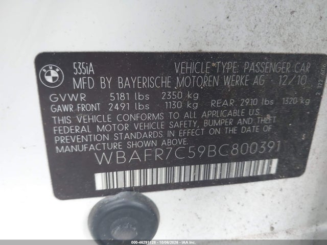 Продажа на аукционе авто 2011 Bmw 535i, vin: WBAFR7C59BC800391, номер лота: 46291128