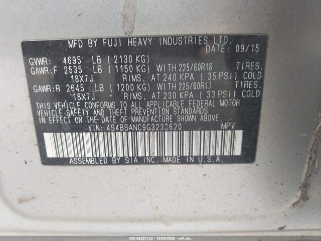 Aukcja sprzedaży 2016 Subaru Outback 2.5i Limited, vin: 4S4BSANC9G3233620, numer aukcji: 46291142
