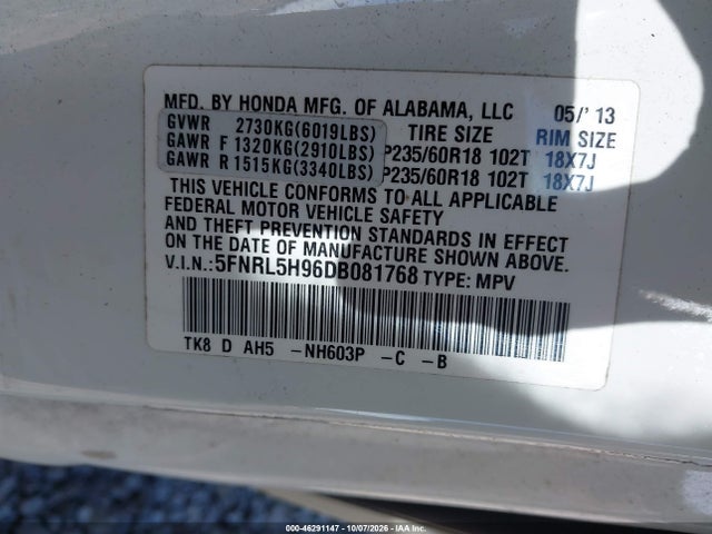 Продаж на аукціоні авто 2013 Honda Odyssey Touring/touring Elite, vin: 5FNRL5H96DB081768, номер лоту: 46291147