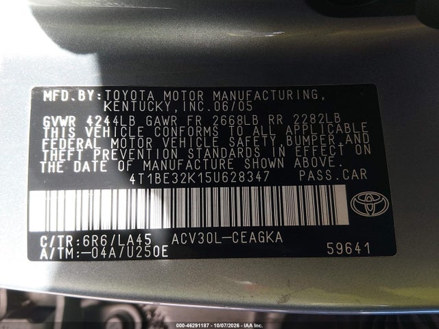 2005 Toyota Camry Xle მანქანა იყიდება აუქციონზე, vin: 4T1BE32K15U628347, აუქციონის ნომერი: 46291187