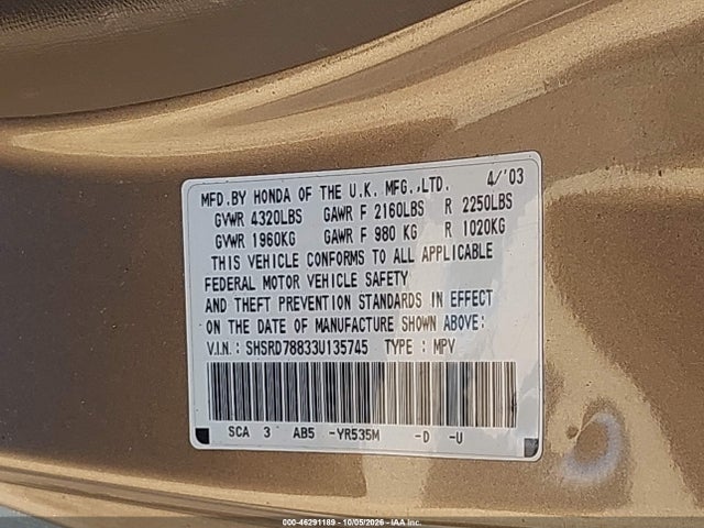 2003 Honda Cr-v Ex მანქანა იყიდება აუქციონზე, vin: SHSRD78833U135745, აუქციონის ნომერი: 46291189