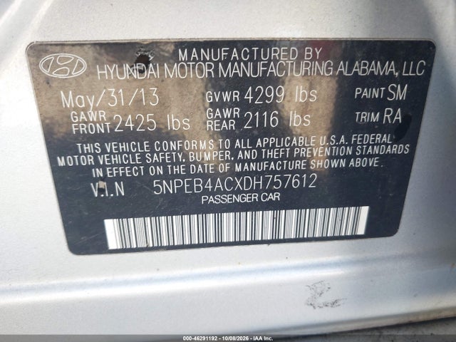 Продаж на аукціоні авто 2013 Hyundai Sonata Gls, vin: 5NPEB4ACXDH757612, номер лоту: 46291192