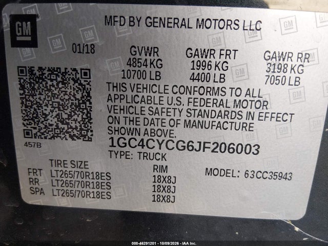46291201 :رقم المزاد ، 1GC4CYCG6JF206003 vin ، 2018 Chevrolet Silverado 3500hd Wt مزاد بيع