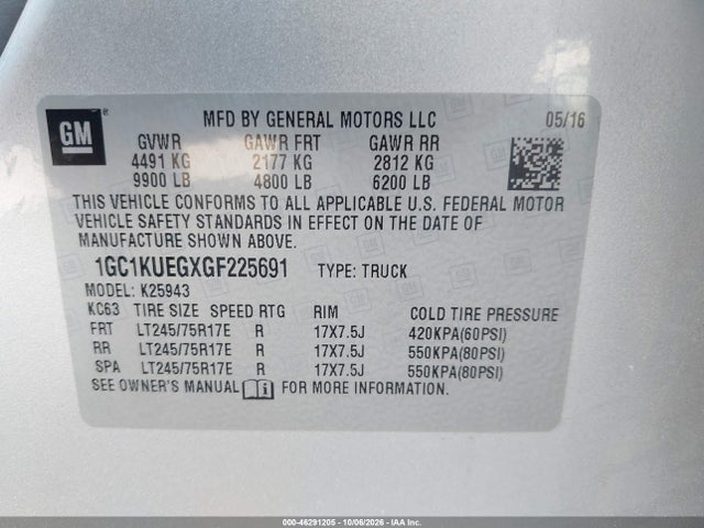 46291205 :رقم المزاد ، 1GC1KUEGXGF225691 vin ، 2016 Chevrolet Silverado 2500hd Wt مزاد بيع