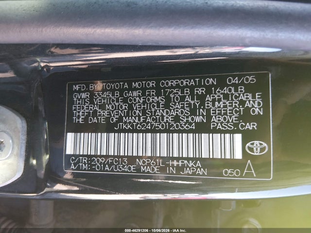 Продаж на аукціоні авто 2005 Scion Xa, vin: JTKKT624750120364, номер лоту: 46291206