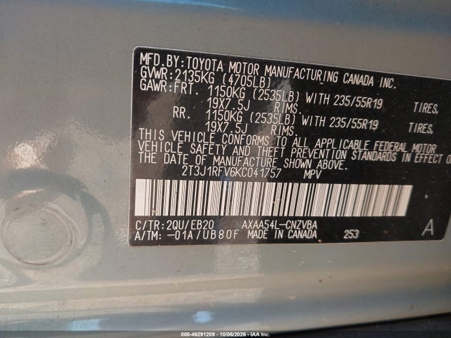 Продажа на аукционе авто 2019 Toyota Rav4 Adventure, vin: 2T3J1RFV6KC041757, номер лота: 46291209