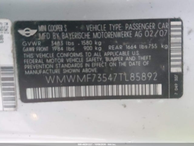 Продаж на аукціоні авто 2007 Mini Cooper S, vin: WMWMF73547TL85892, номер лоту: 46291227