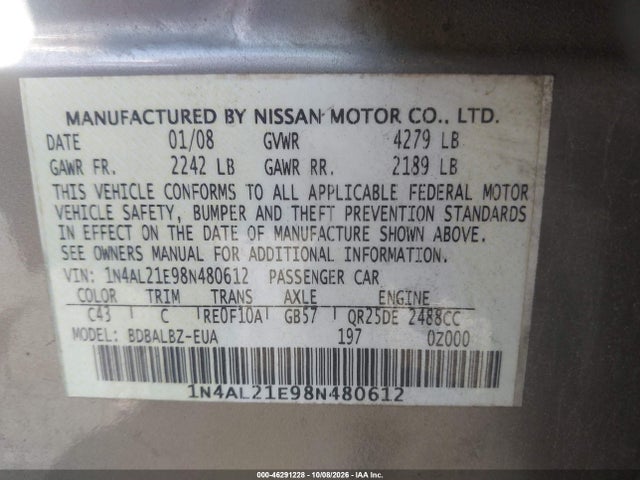 Продаж на аукціоні авто 2008 Nissan Altima 2.5 S, vin: 1N4AL21E98N480612, номер лоту: 46291228