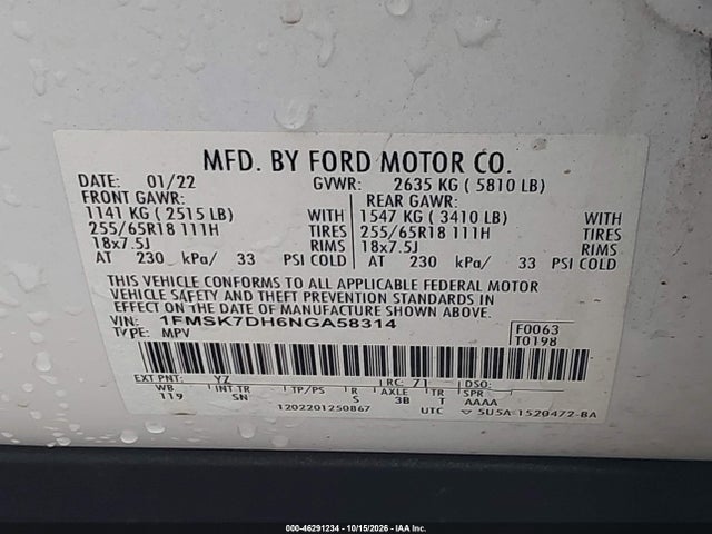 Продаж на аукціоні авто 2022 Ford Explorer Xlt, vin: 1FMSK7DH6NGA58314, номер лоту: 46291234