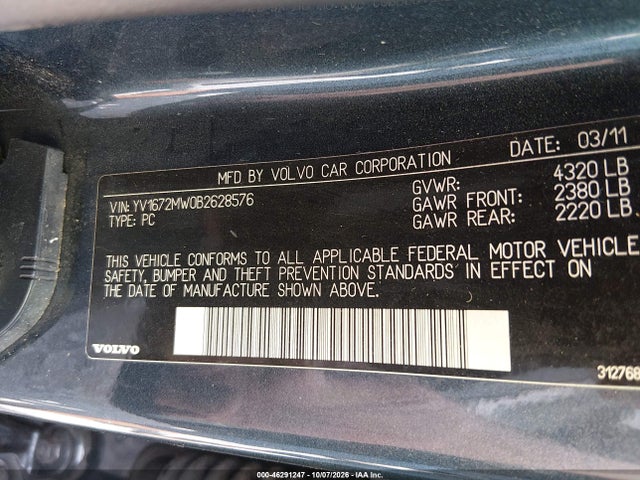 Auction sale of the 2011 Volvo V50 T5, vin: YV1672MW0B2628576, lot number: 46291247