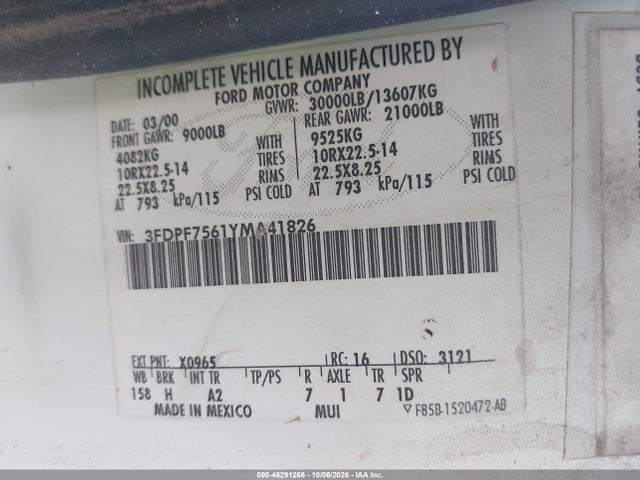 46291266 :رقم المزاد ، 3FDPF7561YMA41826 vin ، 2000 Ford F-750 Xl/xlt مزاد بيع
